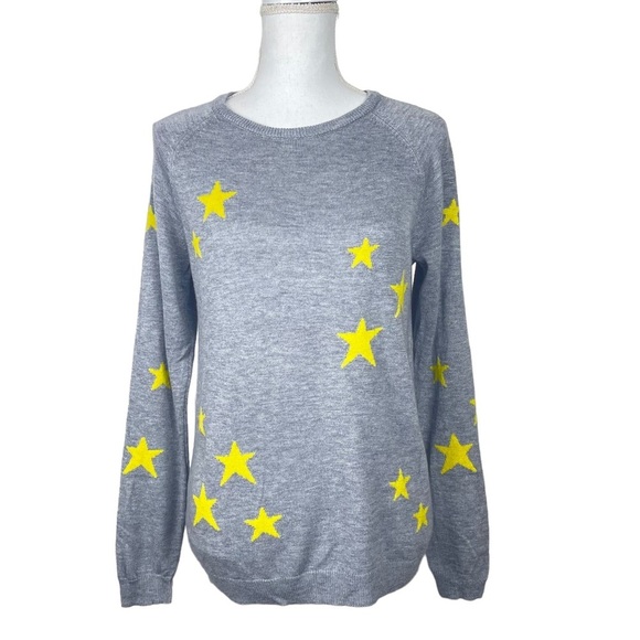 Magaschoni Cashmere Blend Crewneck Gray Yellow Star Sweater Size M - Picture 2 of 11